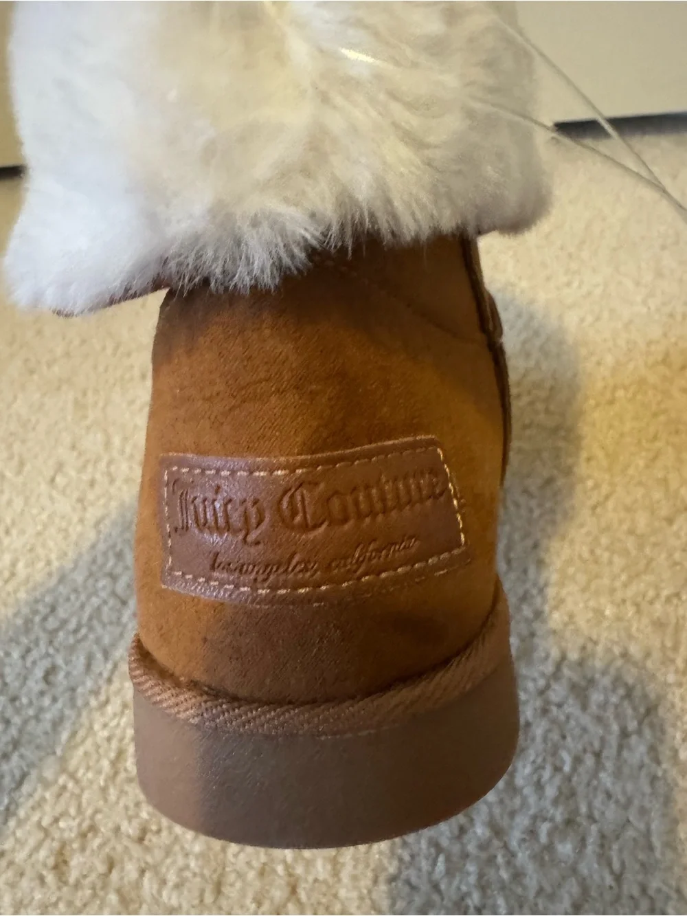 Juicy Couture Brown Suede Faux Fur Cuff Rhinestone Strap Boots